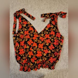Buckle Floral Tie-Shoulder Top - Red and Brown